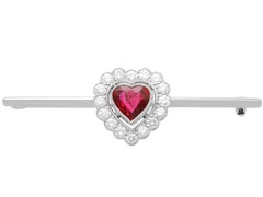 Vintage 1.15 Carat Ruby 0.80 Carat Diamond, 18k White Gold Heart Bar Brooch 1968