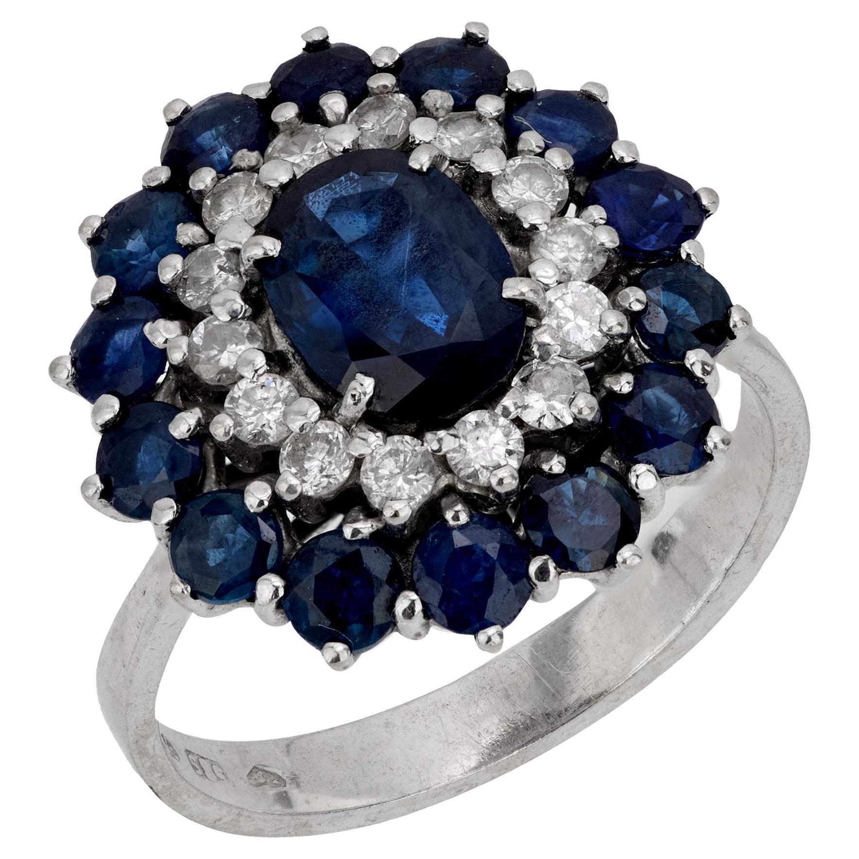 Vintage 1.15 carat sapphire diamond 14k white gold double halo ring