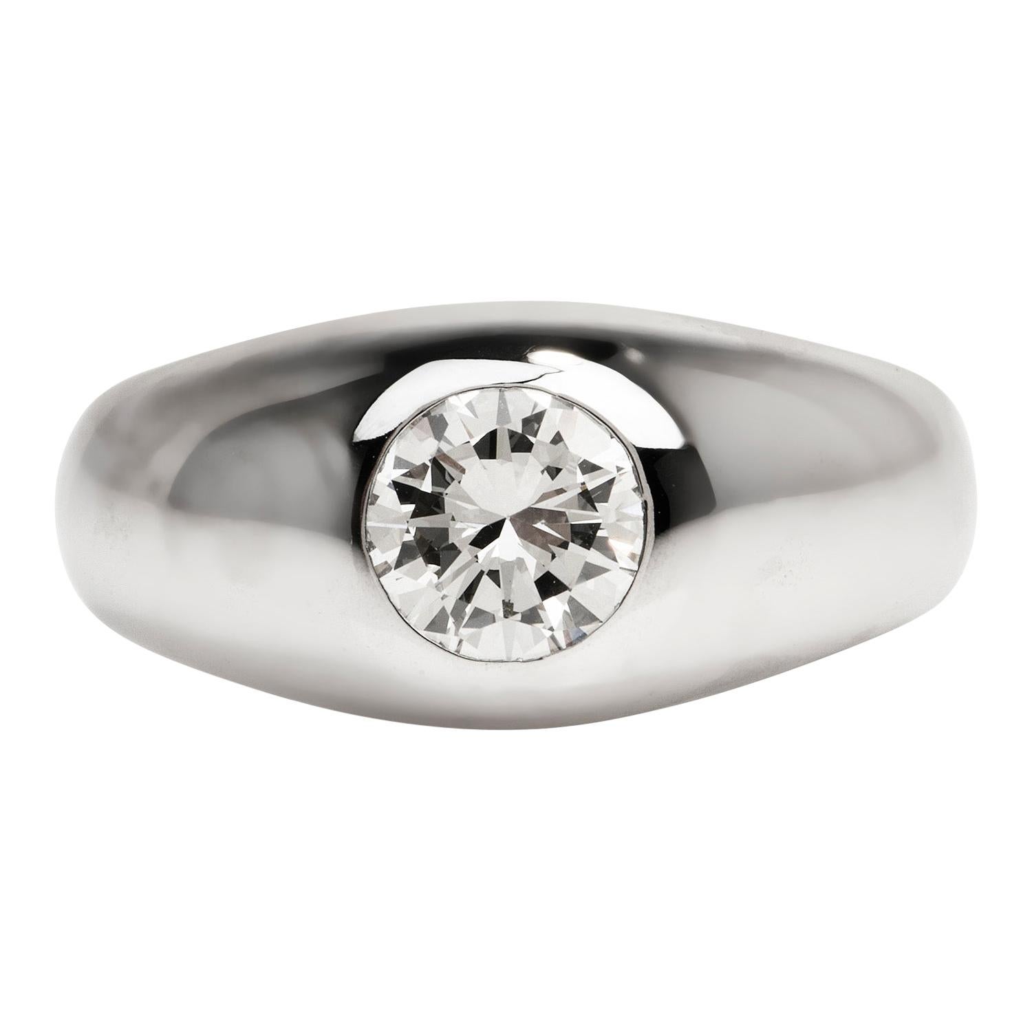 Vintage 1.15 Carats Diamond 18k White Gold Solitaire Men's Gypsy Ring ...