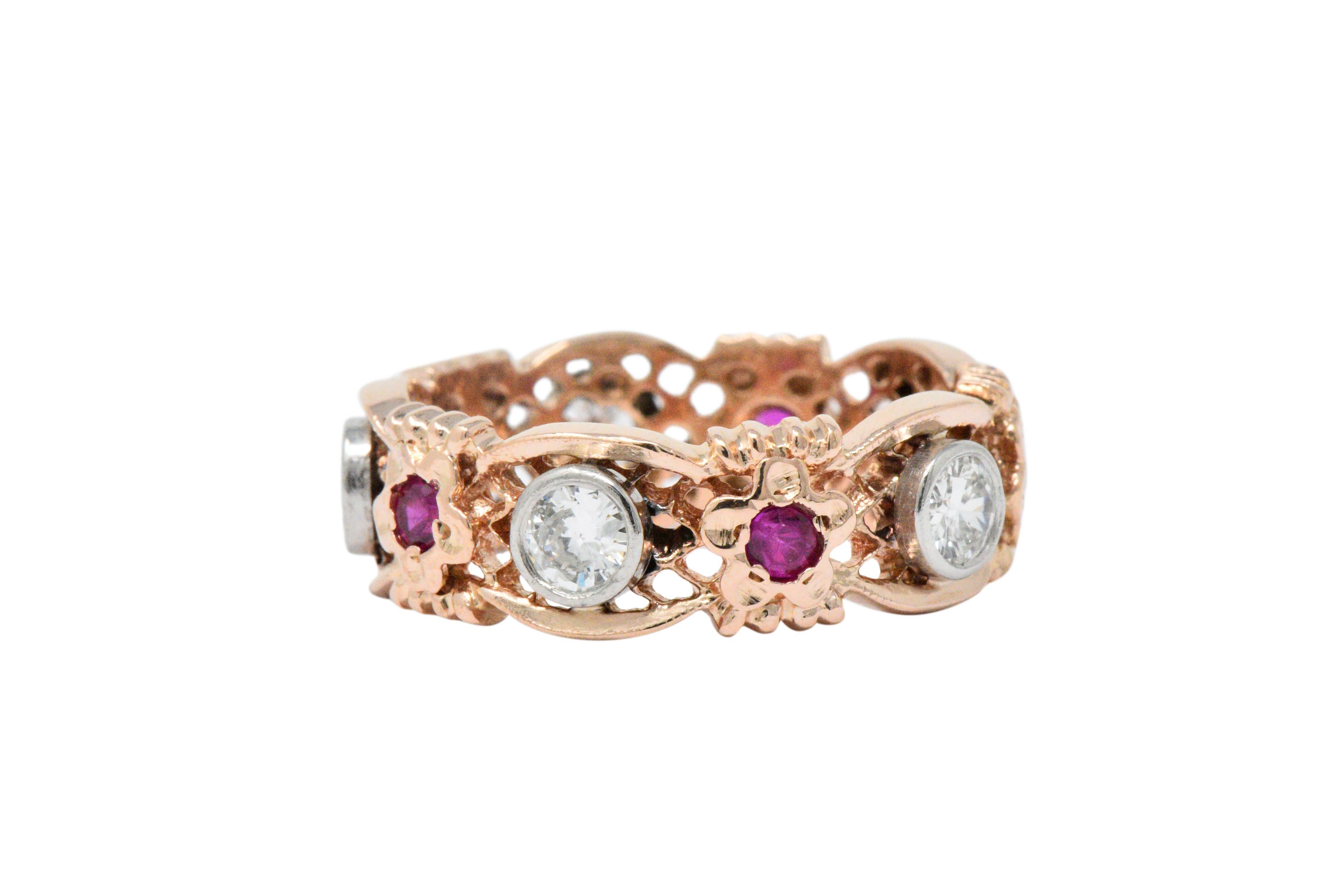 Vintage 1.15 CTW Diamond Synthetic Ruby Platinum 14 Karat Rose Gold Band Ring In Good Condition In Philadelphia, PA