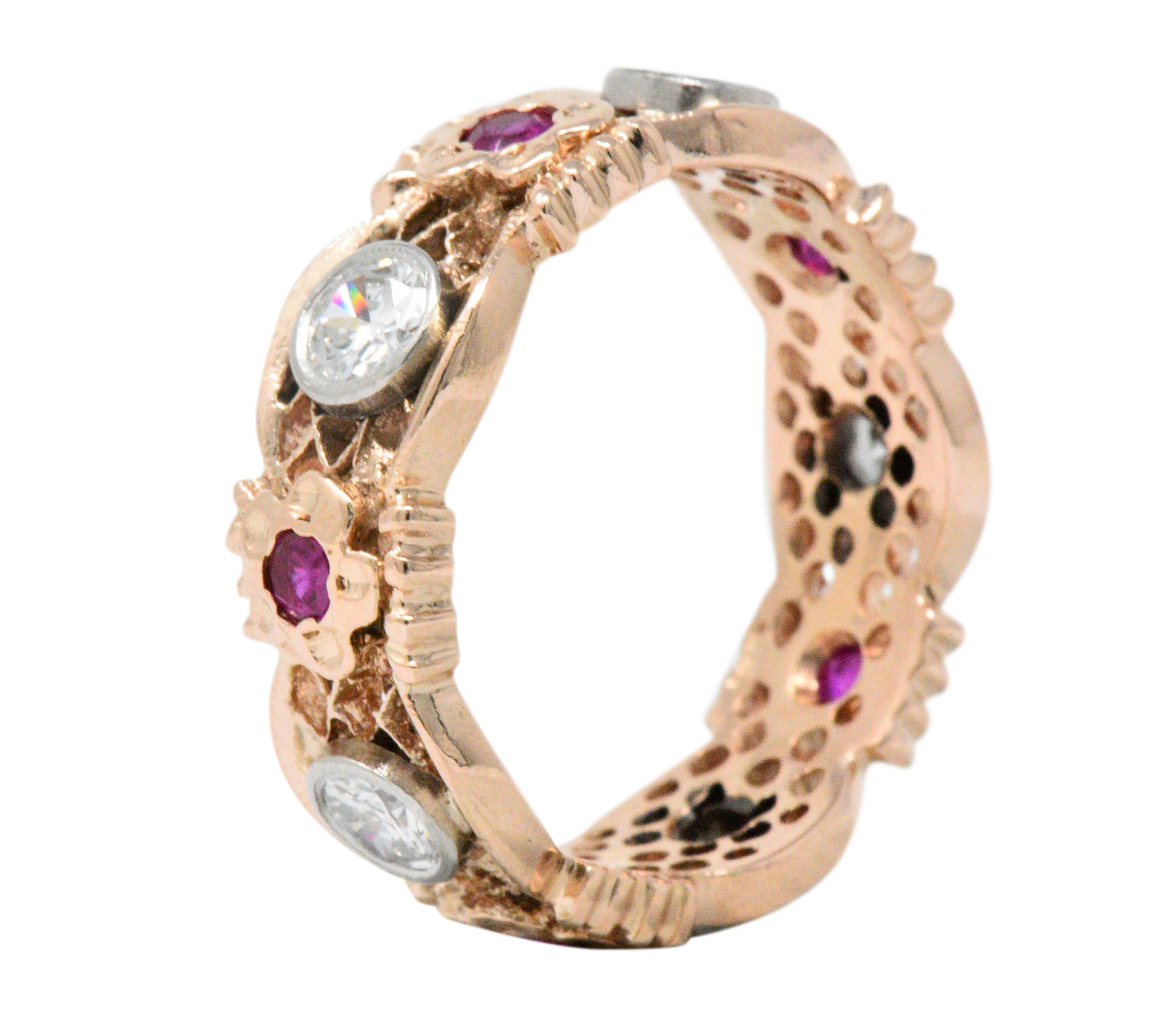 Women's or Men's Vintage 1.15 CTW Diamond Synthetic Ruby Platinum 14 Karat Rose Gold Band Ring
