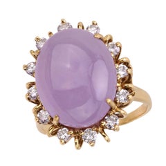 Bague à grappes vintage en or jaune 14 carats, diamants et jade lavande de 11,50 carats