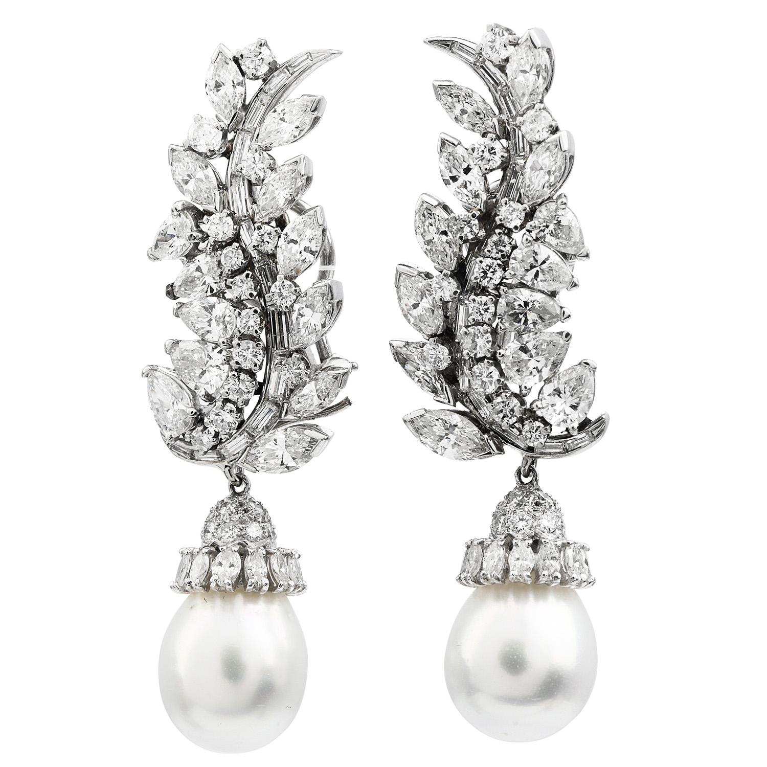 Contemporary Vintage 11.50cts Diamond Pearl Dangle Platinum Drop long Earrings