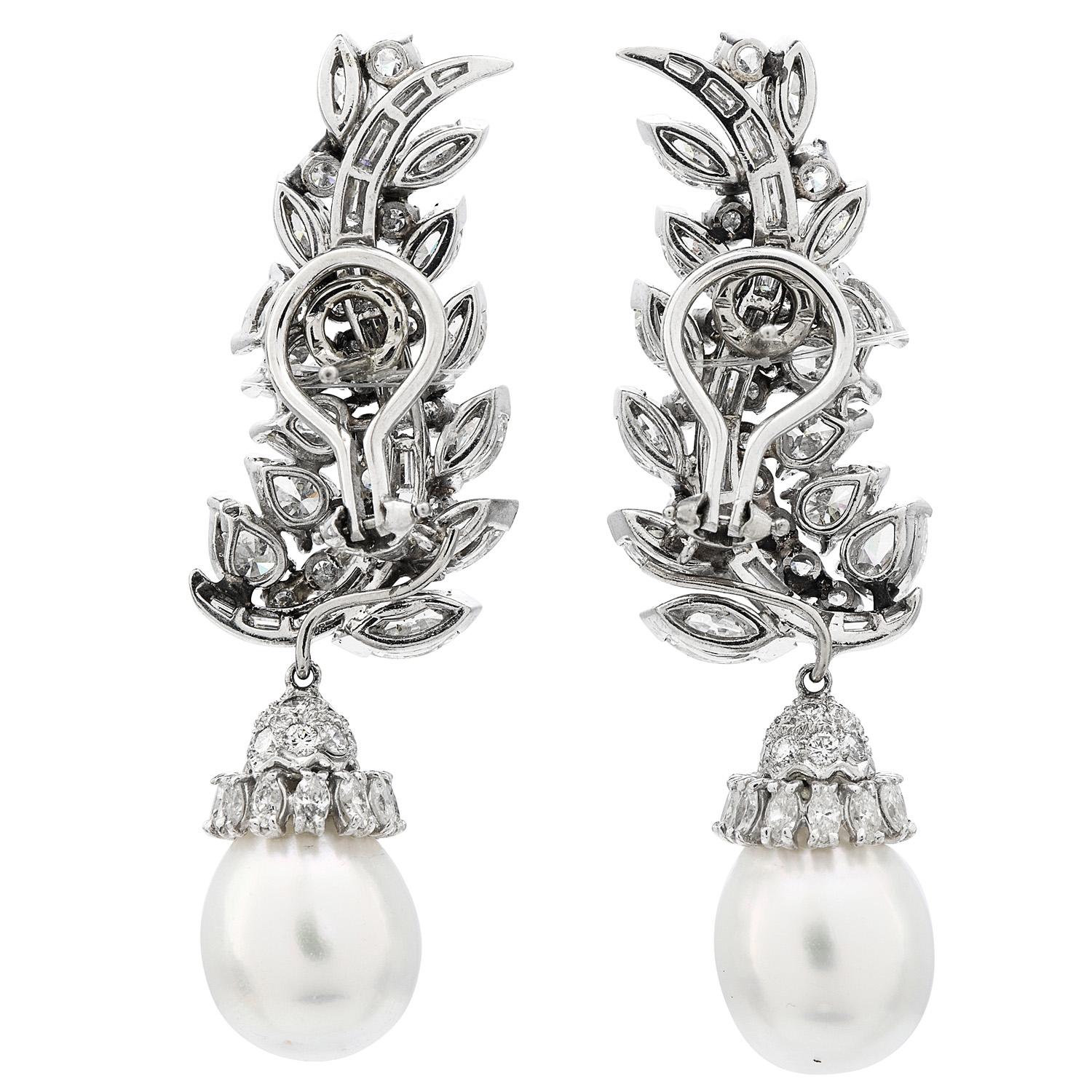 Pear Cut Vintage 11.50cts Diamond Pearl Dangle Platinum Drop long Earrings