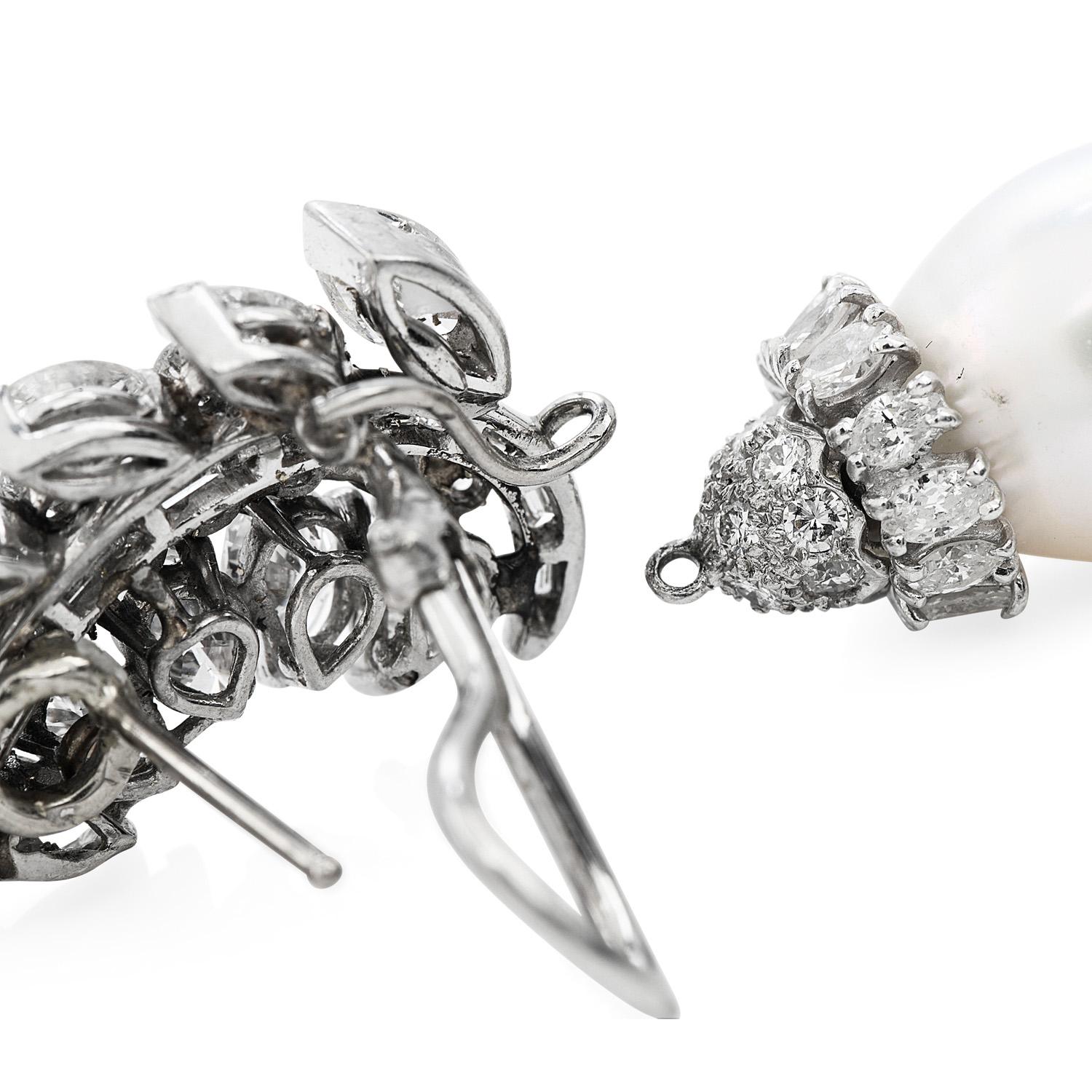 Women's Vintage 11.50cts Diamond Pearl Dangle Platinum Drop long Earrings