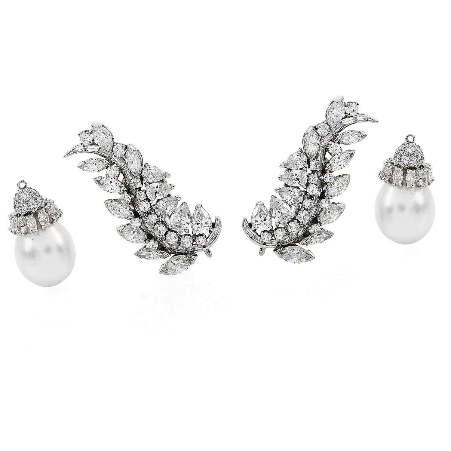 Vintage 11.50cts Diamond Pearl Dangle Platinum Drop long Earrings 1