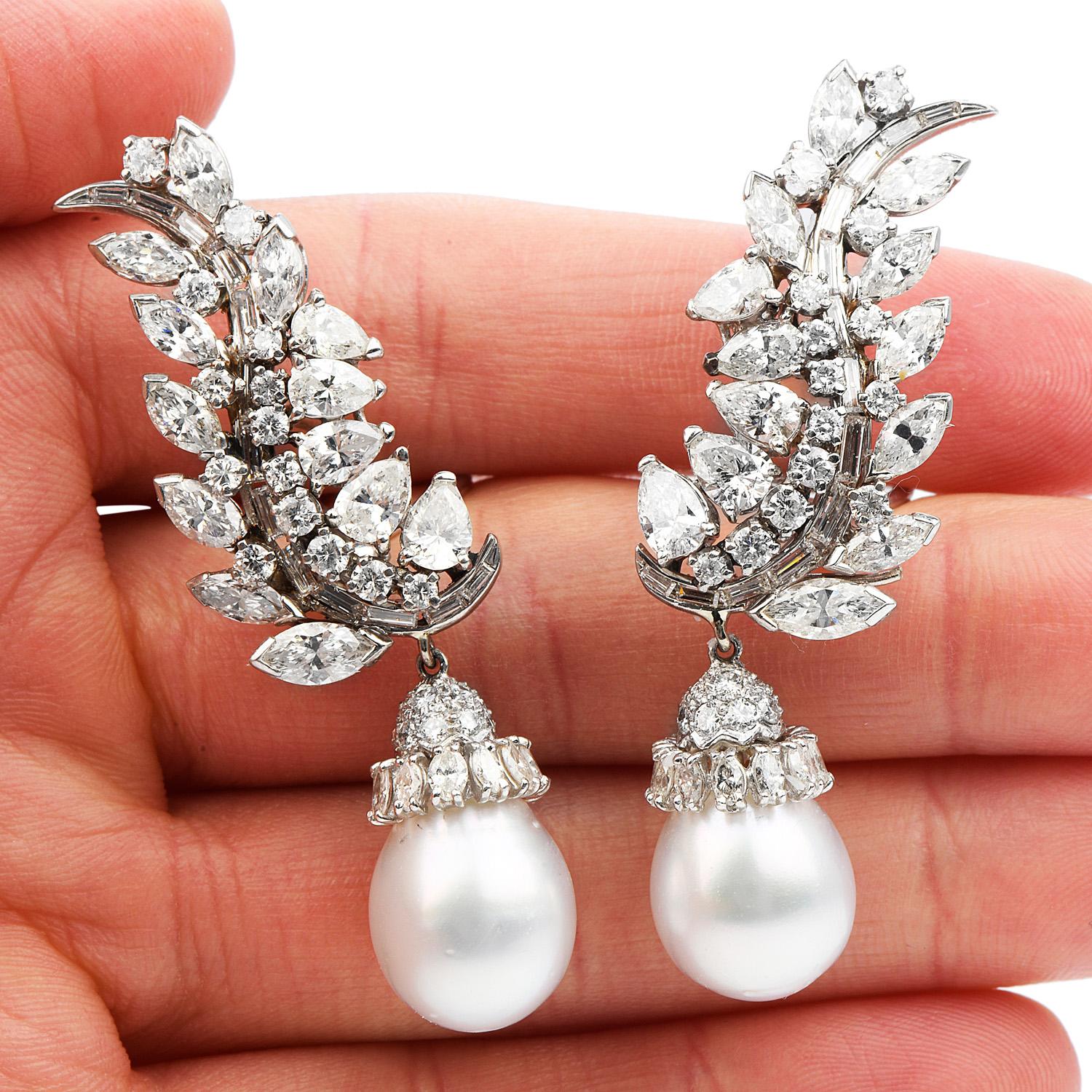 Vintage 11.50cts Diamond Pearl Dangle Platinum Drop long Earrings 2