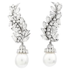 Vintage 11.50cts Diamond Pearl Dangle Platinum Drop long Earrings