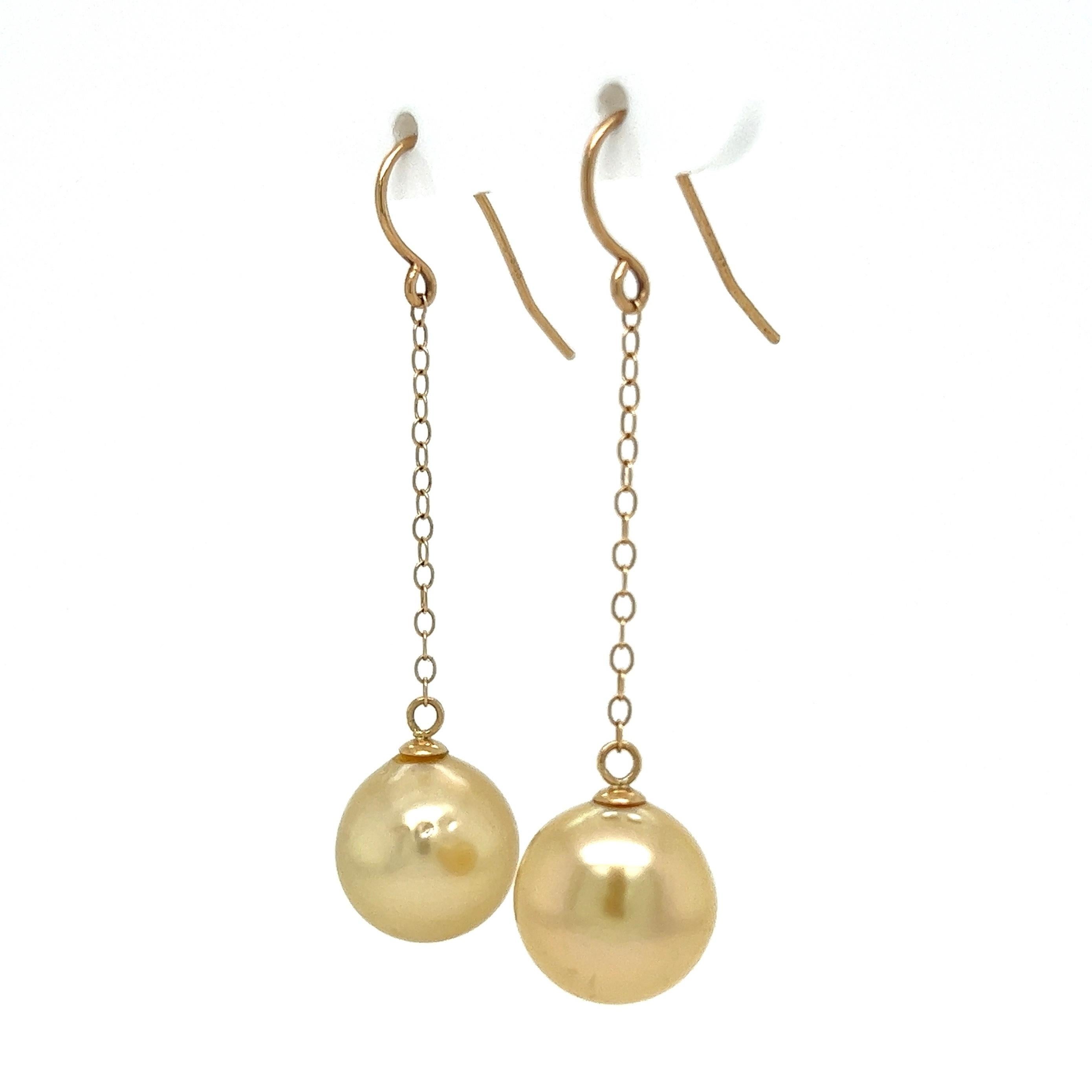 Round Cut Vintage 11.5mm Golden South Sea Pearl Gold Drop Earrings For Sale