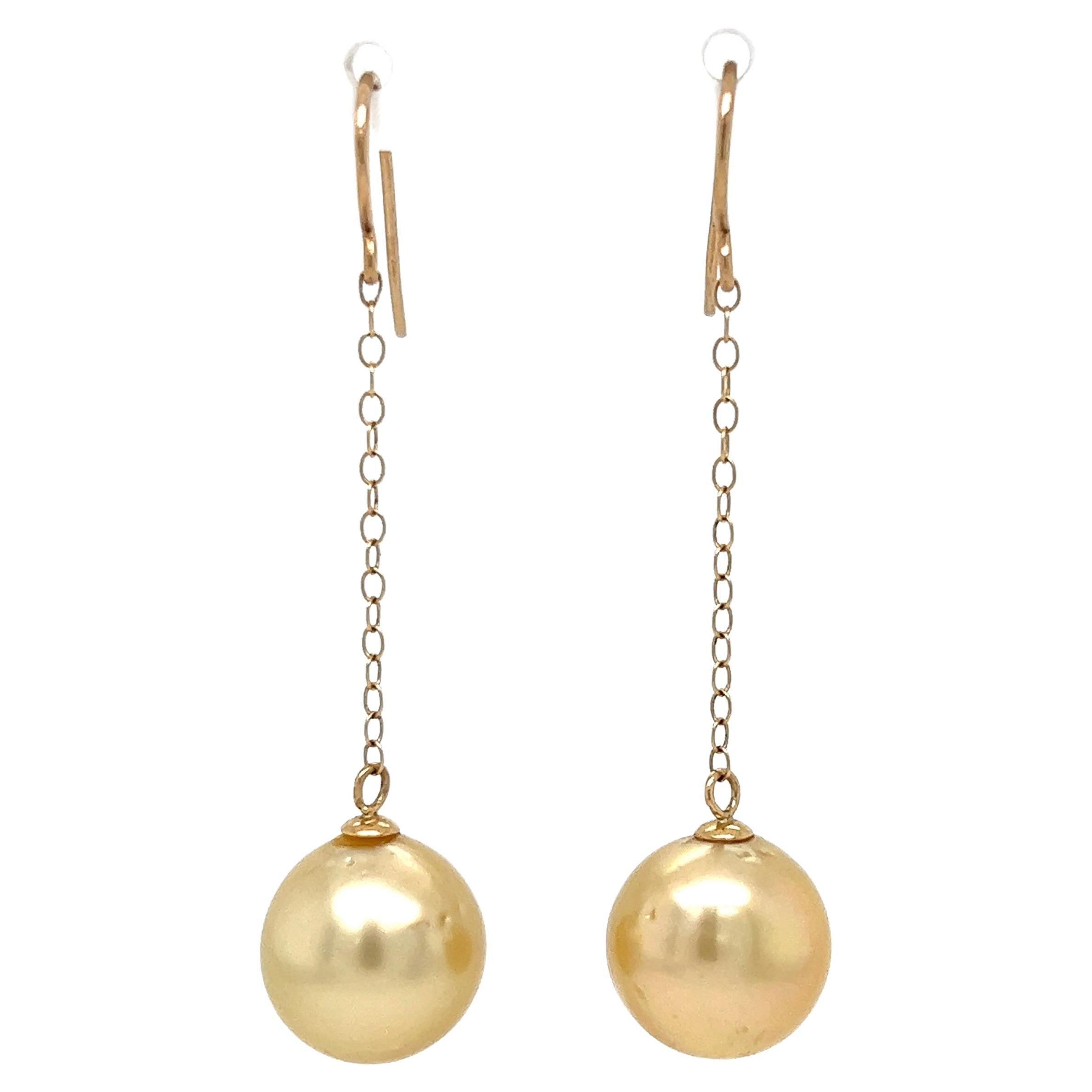 Vintage 11.5mm Golden South Sea Pearl Gold Drop Earrings For Sale