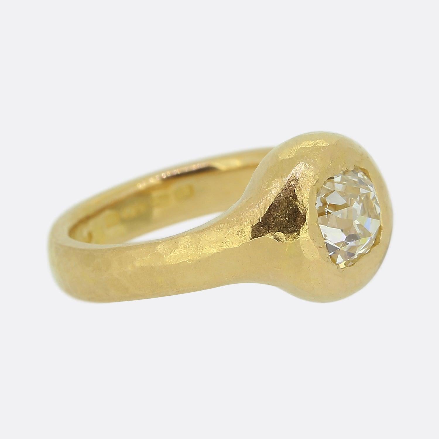 Victorian Vintage 1.16 Old Cushion Cut Diamond Hammered Ring For Sale