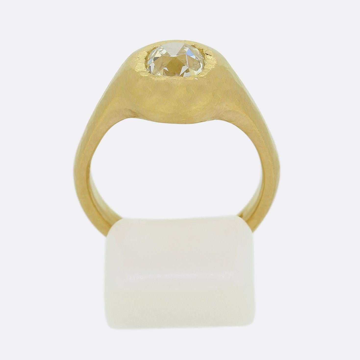 Women's Vintage 1.16 Old Cushion Cut Diamond Hammered Ring For Sale