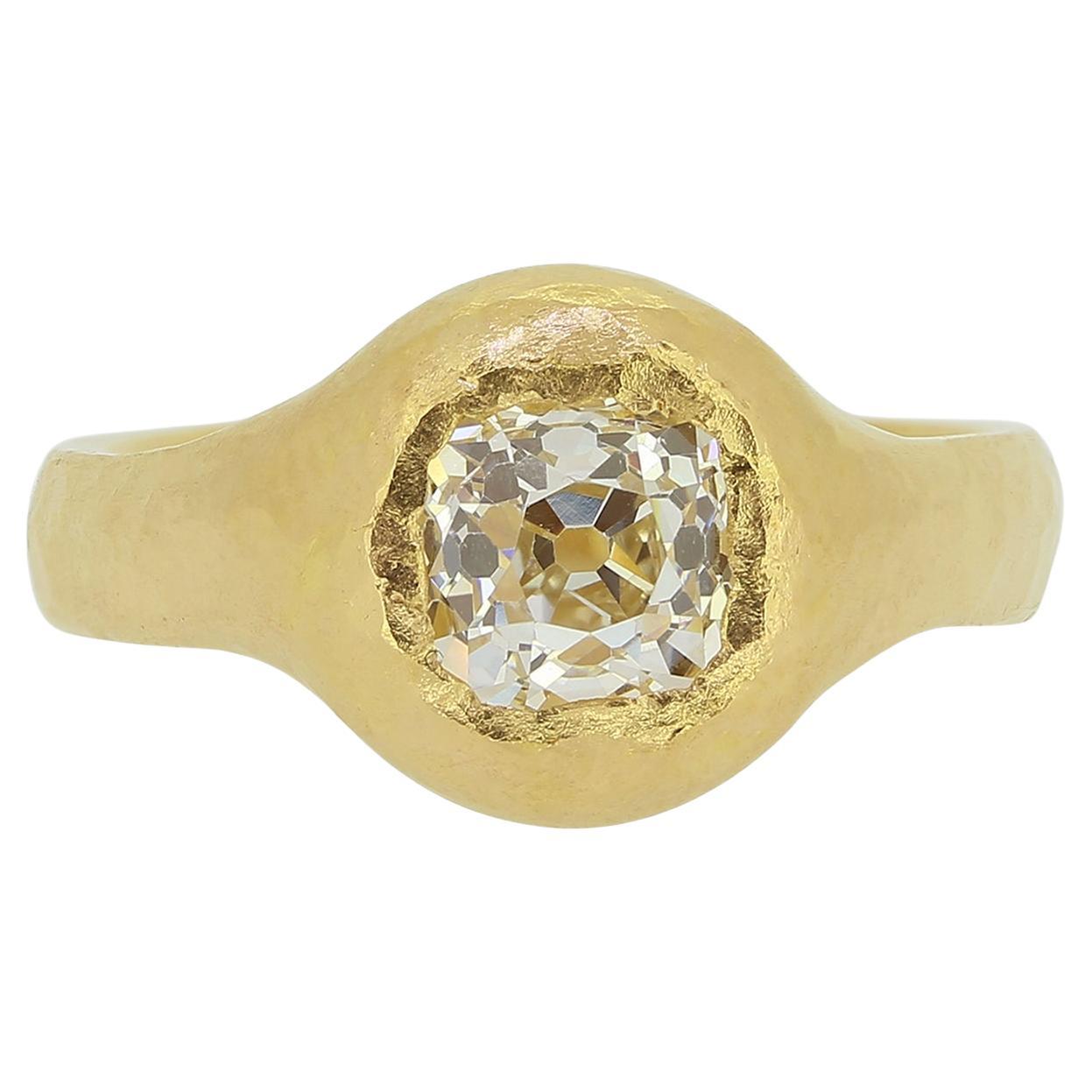 Vintage 1.16 Old Cushion Cut Diamond Hammered Ring For Sale