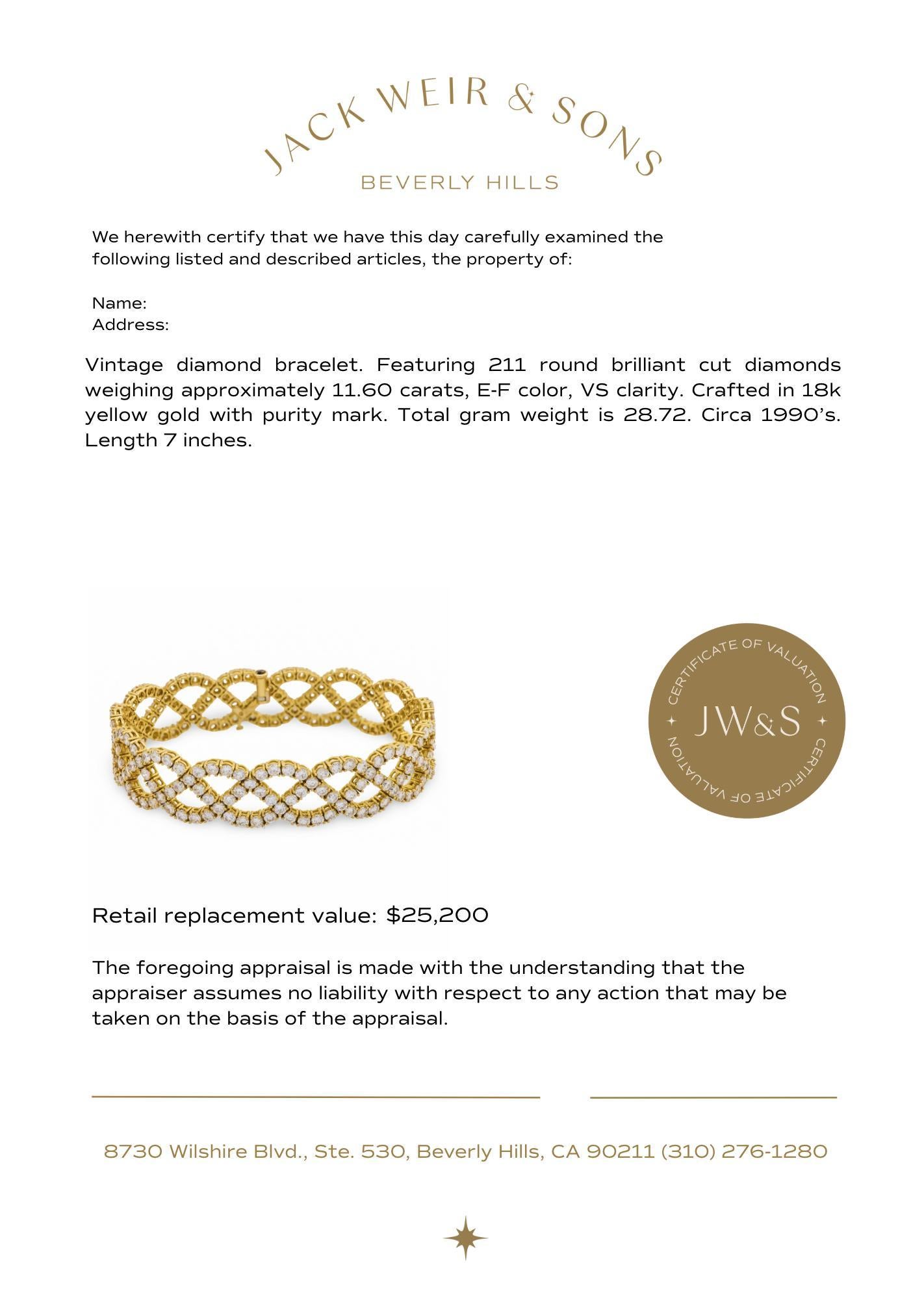 Vintage 11.60 carat diamant 18k or jaune bracelet tressé en vente 2