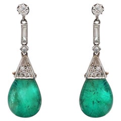 Vintage 11.60ct Emerald Cabochon and Diamond Drop Earrings in Platinum