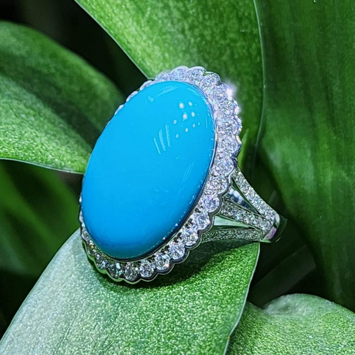 Oval Cut Vintage 11.64 Carat Sleeping Beauty Turquoise Diamond Ring in 14k White Gold For Sale