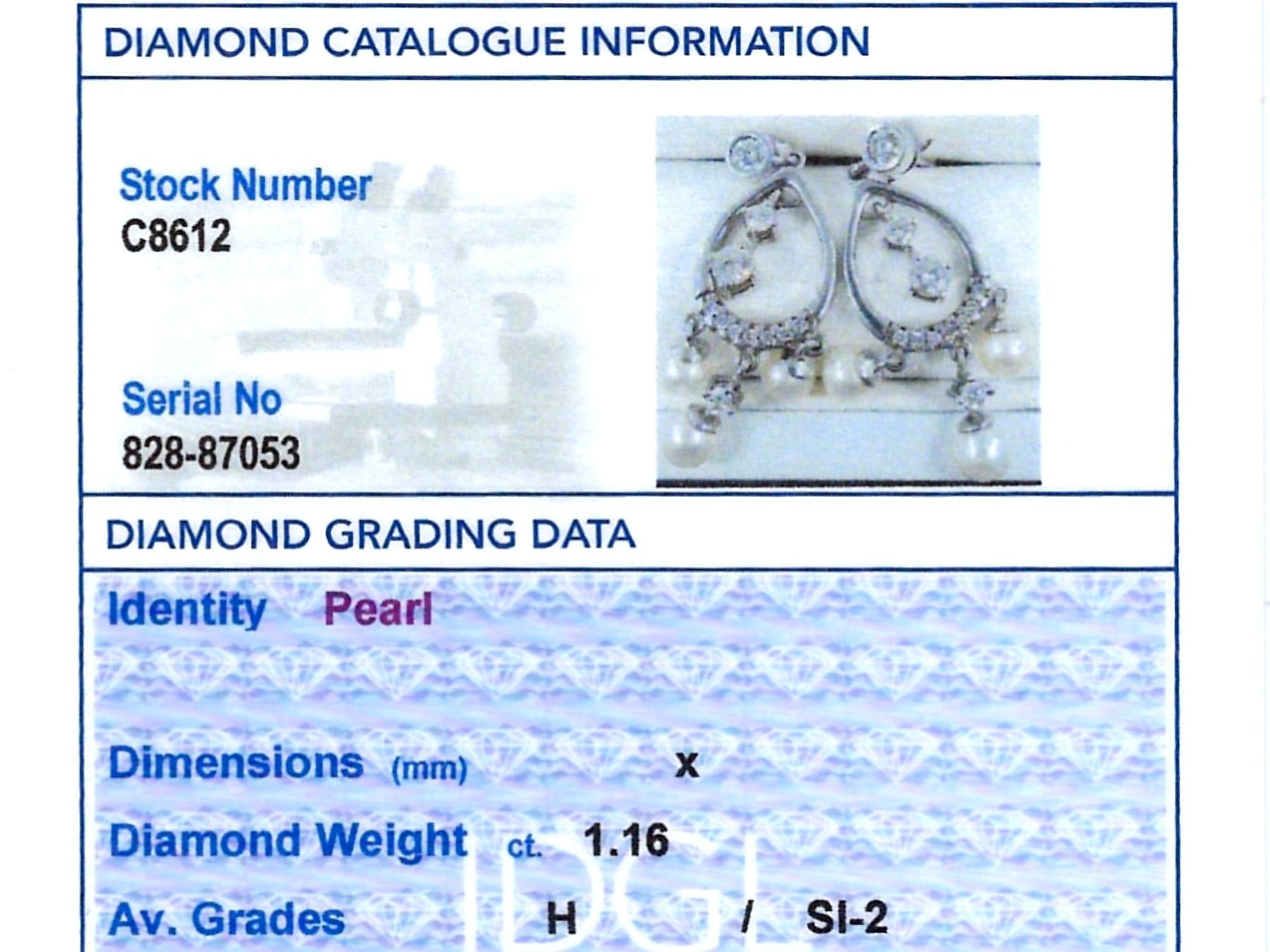 Pendientes de gota vintage de oro blanco de 14 ct con diamantes y perlas de 1,16 ct en venta 6