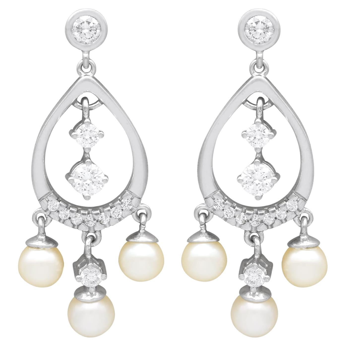 Vintage 1.16ct Diamond and Pearl, 14ct White Gold Drop Earrings