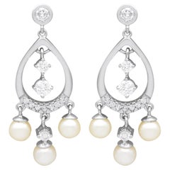 Vintage 1.16ct Diamond and Pearl, 14ct White Gold Drop Earrings