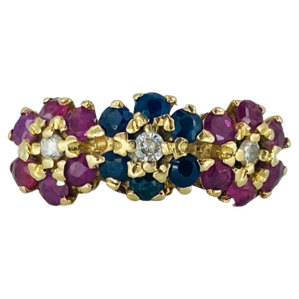 Vintage 1.17 Carat Rubys, Sapphires, Emeralds and Diamonds Floral Cluster Ring For Sale