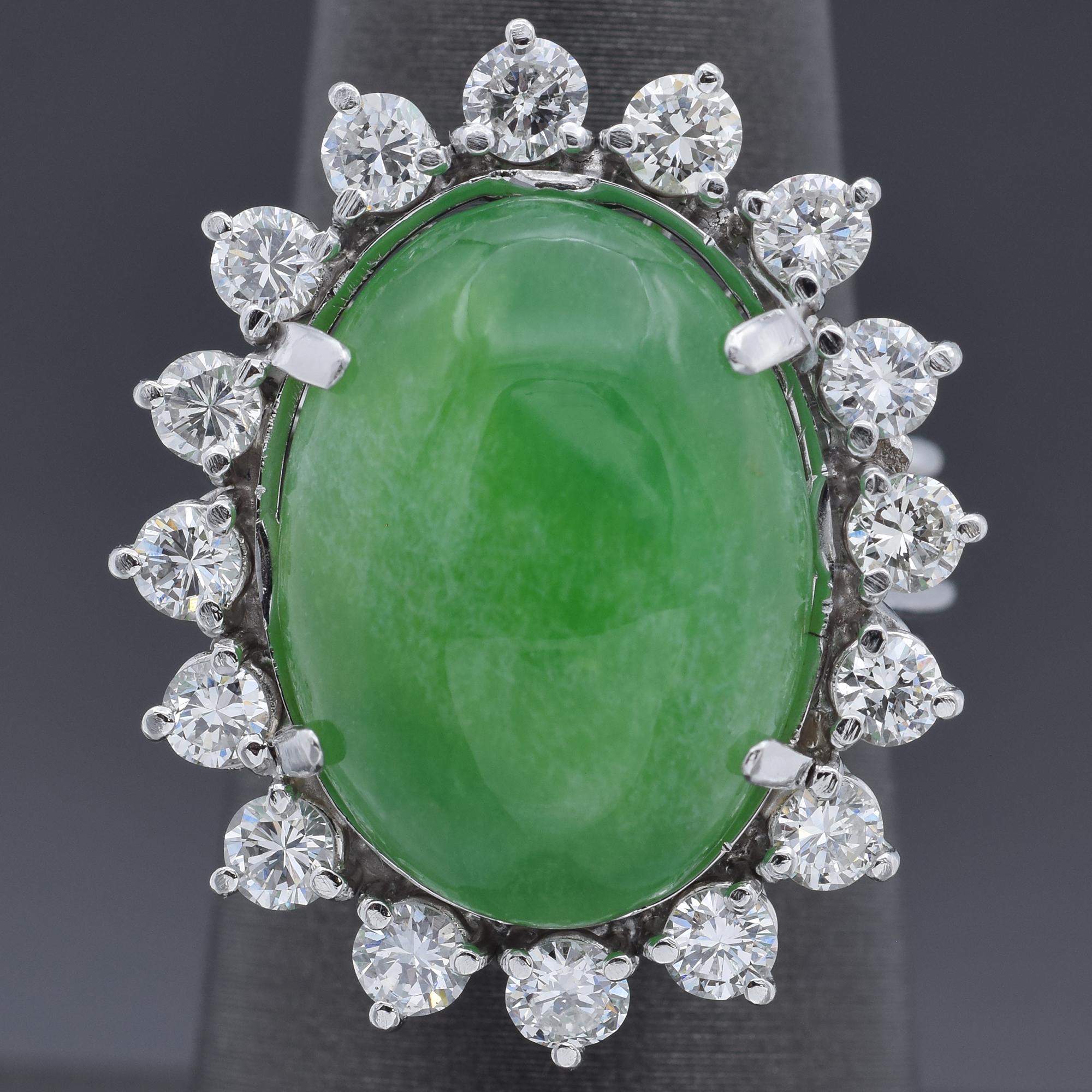Weight: 14.2 Grams
Stone: 11.75 Ct (18x13x6.2 mm) Green Jade & Approx 1.67 TCW (0.10-0.11 ct) Diamonds
Face of Ring: 26.4 x 21.8 x 12.8 mm
Size: 6
Hallmark: Palladium & 83% Platinum Tested

ITEM #:BR-1069-101123-13