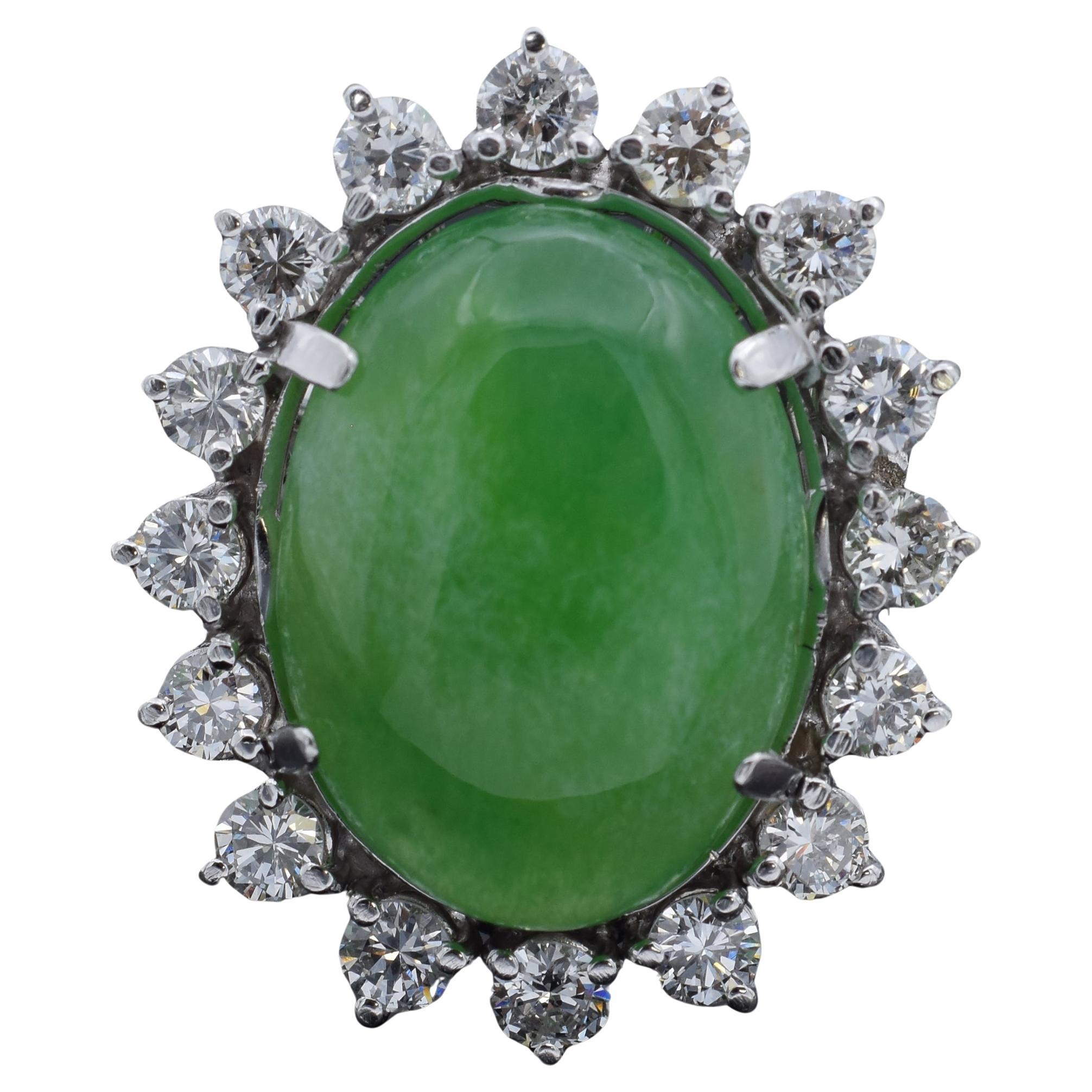Vintage 11.75Ct Green Jade & 1.67 TCW Diamond Platinum & Palladium Cocktail Ring For Sale