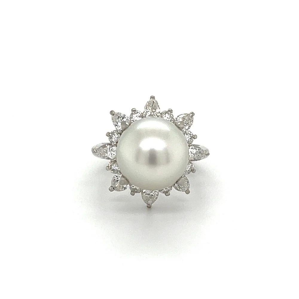 Mixed Cut Vintage 11.7mm Pearl Marquis and Round Diamond Platinum Ring For Sale