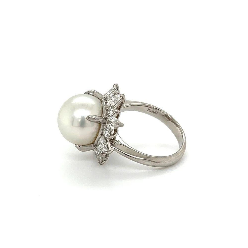 Women's Vintage 11.7mm Pearl Marquis and Round Diamond Platinum Ring For Sale