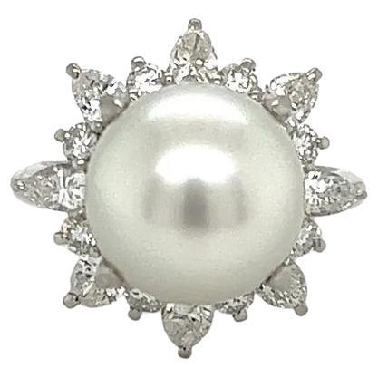 Vintage 11.7mm Pearl Marquis and Round Diamond Platinum Ring For Sale