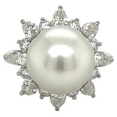 Vintage 11.7mm Pearl Marquis and Round Diamond Platinum Ring