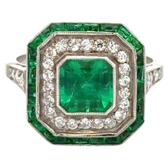 Vintage 1.18 Carat Brazilian Emerald GIA and Diamond Platinum Statement Ring