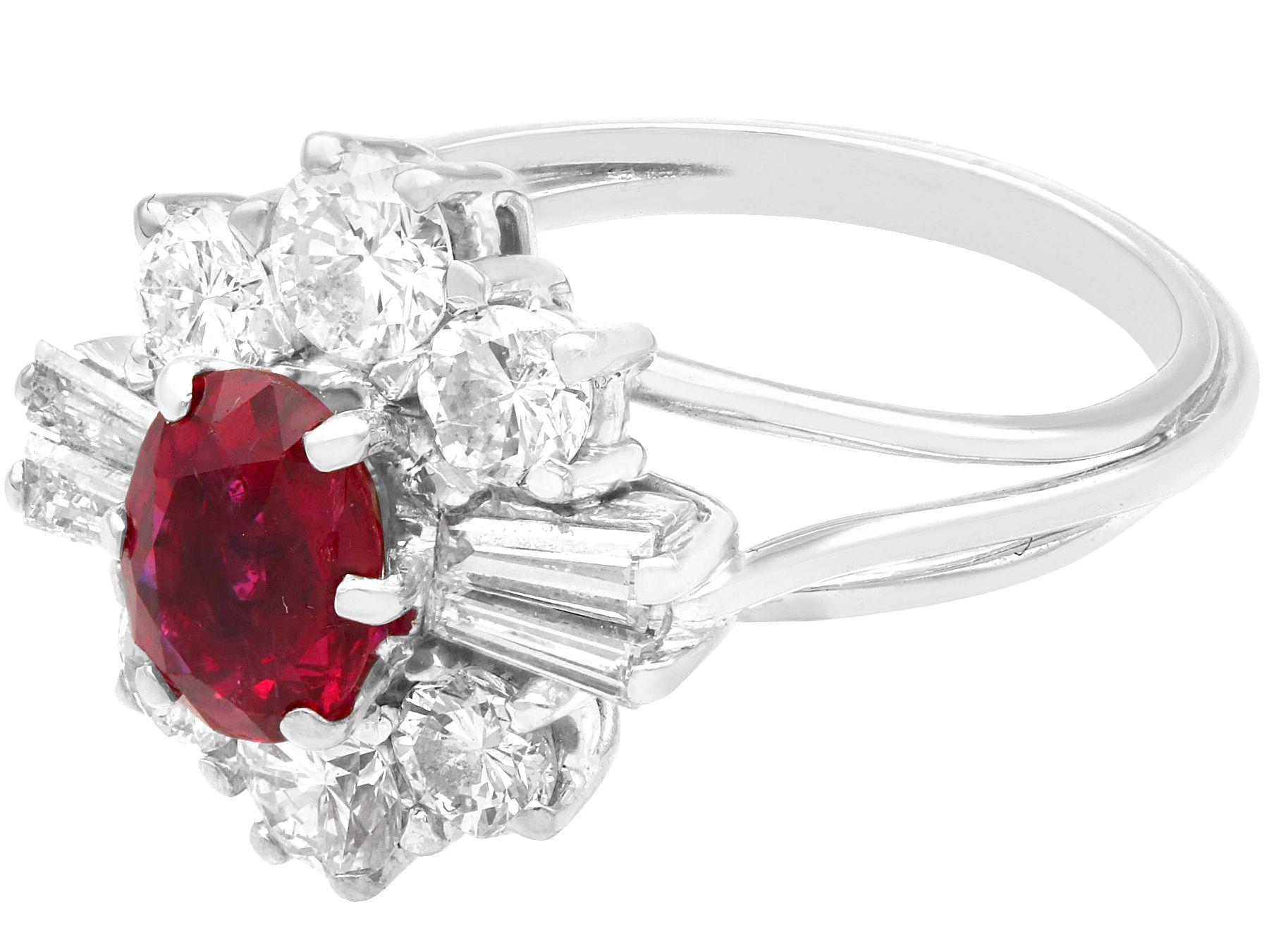 Oval Cut Vintage 1.18 Carat Ruby and 1.38 Carat Diamond White Gold Cluster Ring For Sale
