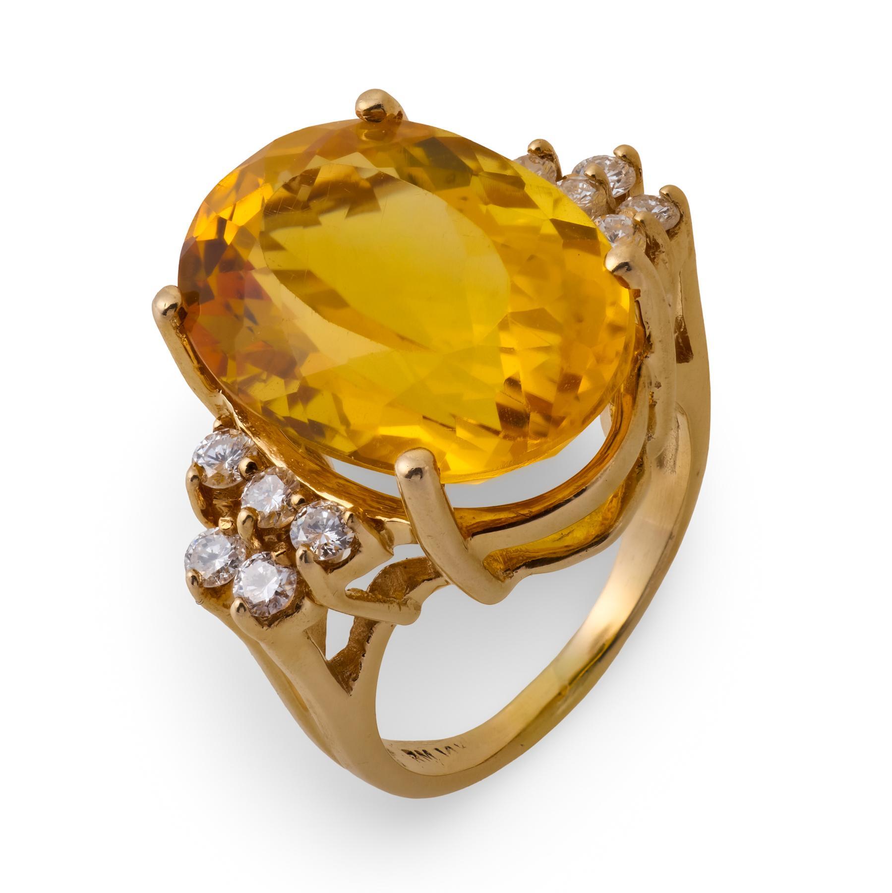 By Vintage 11.90 carat citrine diamant 14k or jaune bague de cocktail