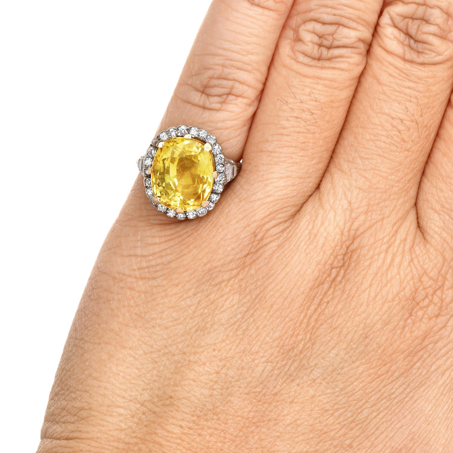 Platin-Cocktailring, 11,98 Karat, GIA unbehandelter gelber Saphir, Diamant und Halo 1