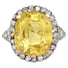 Vintage 11.98ct GIA No Heat Yellow Sapphire Diamond Platinum Halo Cocktail Ring
