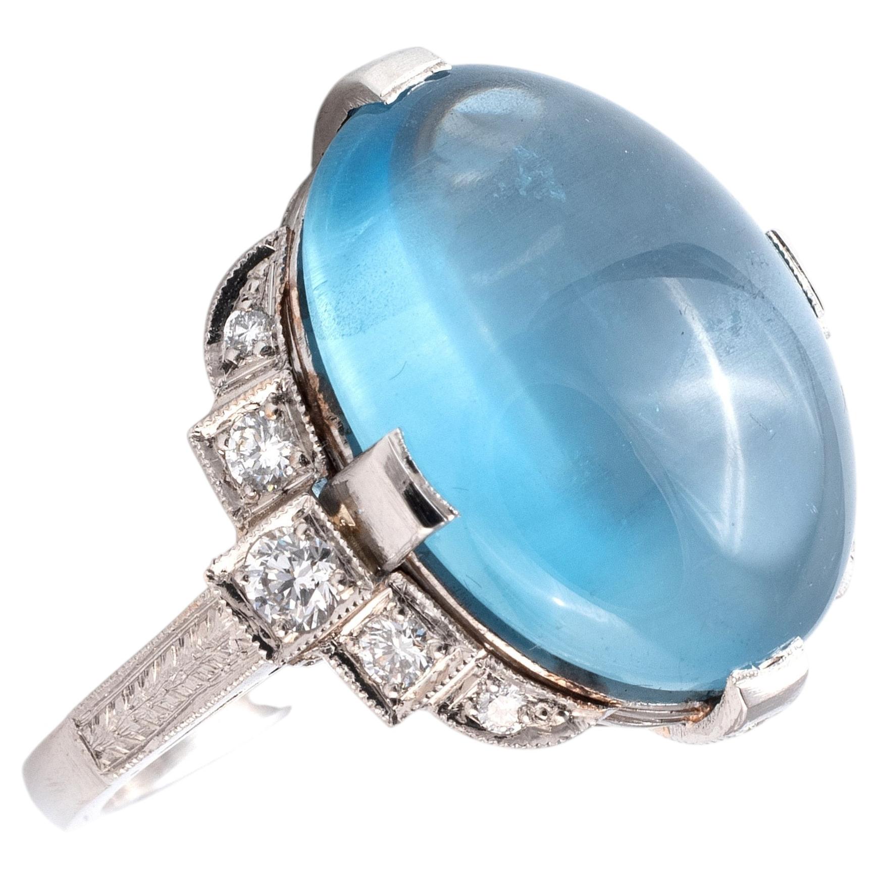 Vintage 11ct Aquamarine Cabochon Diamond Ring, Platinum, Italy, 1970s