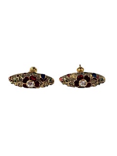 Vintage 11K Yellow Gold and Diamond Cloisonné Enamel Earrings #25129