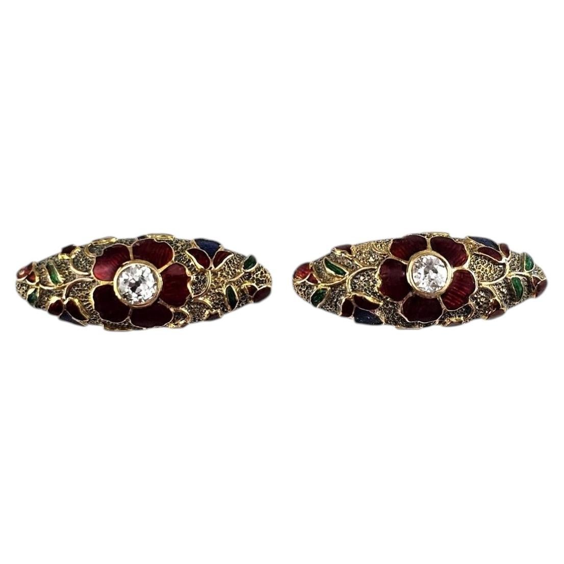 Boucles d'oreilles vintage en or jaune 11K et émail cloisonné avec diamants #25129