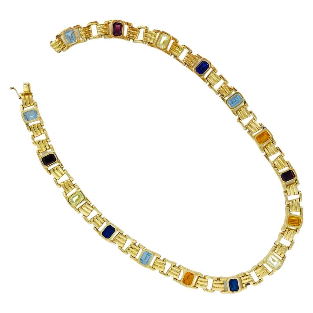Emerald Cut Vintage Multi-Gemstones Choker Necklace 18k Italy For Sale