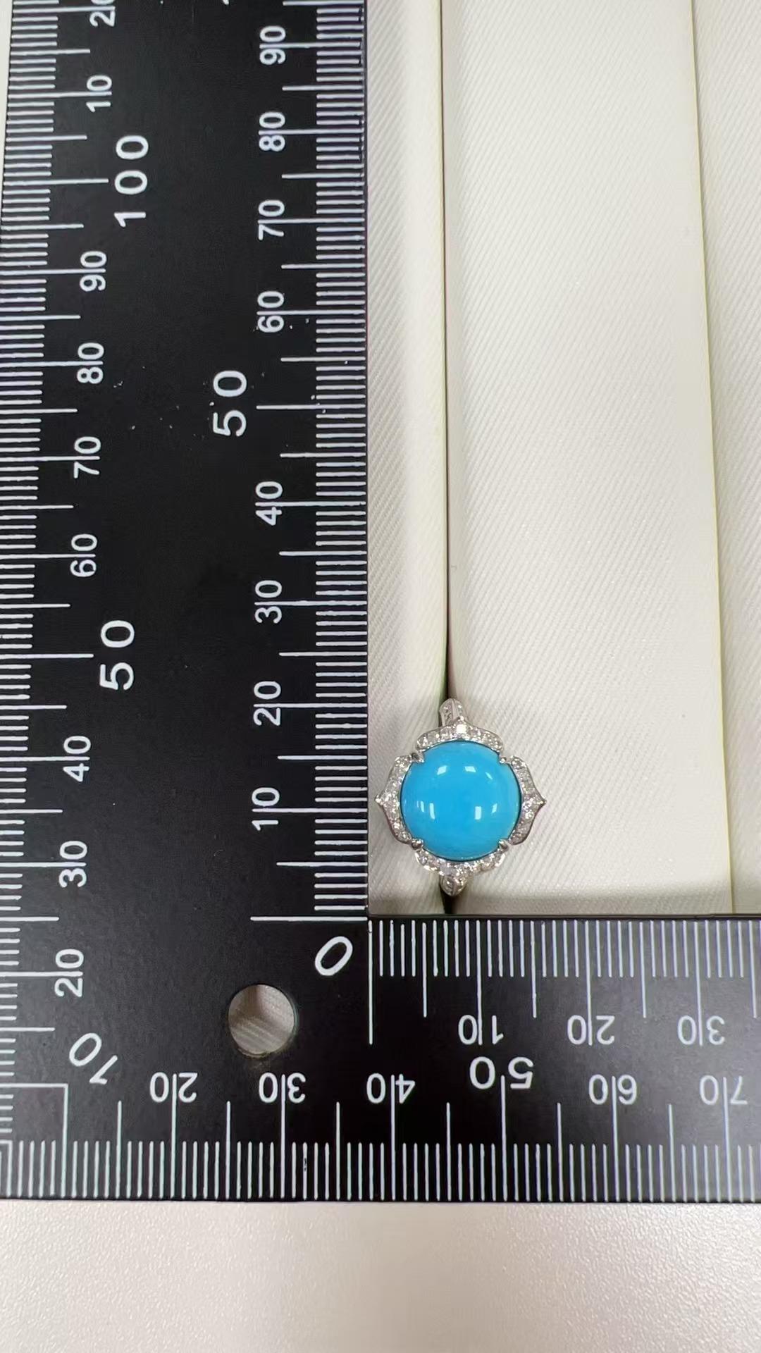 Vintage 11mm Dornröschen Türkis Diamant Ring in 14K White Solid Gold im Angebot 2