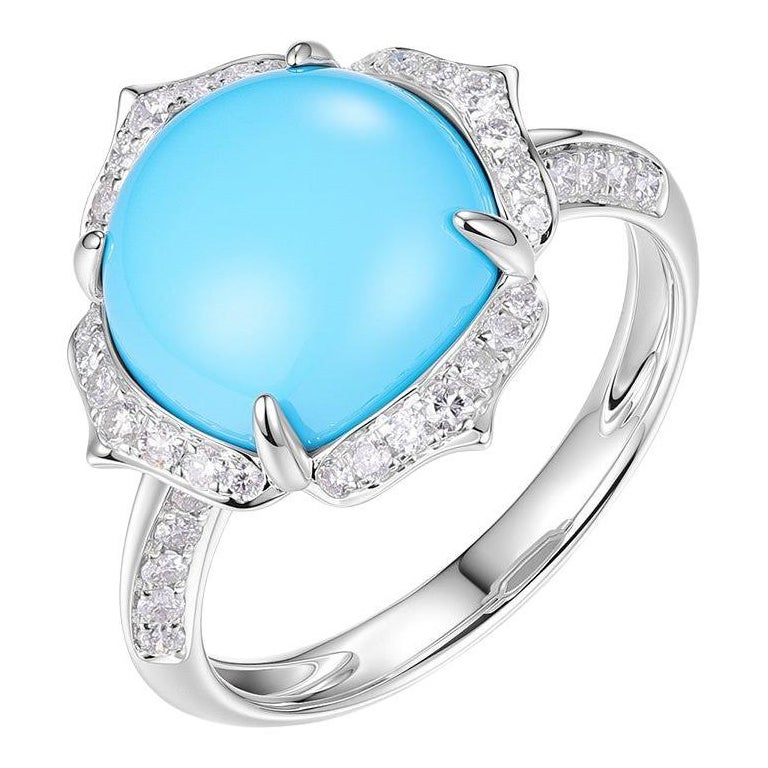 Vintage 11mm Dornröschen Türkis Diamant Ring in 14K White Solid Gold