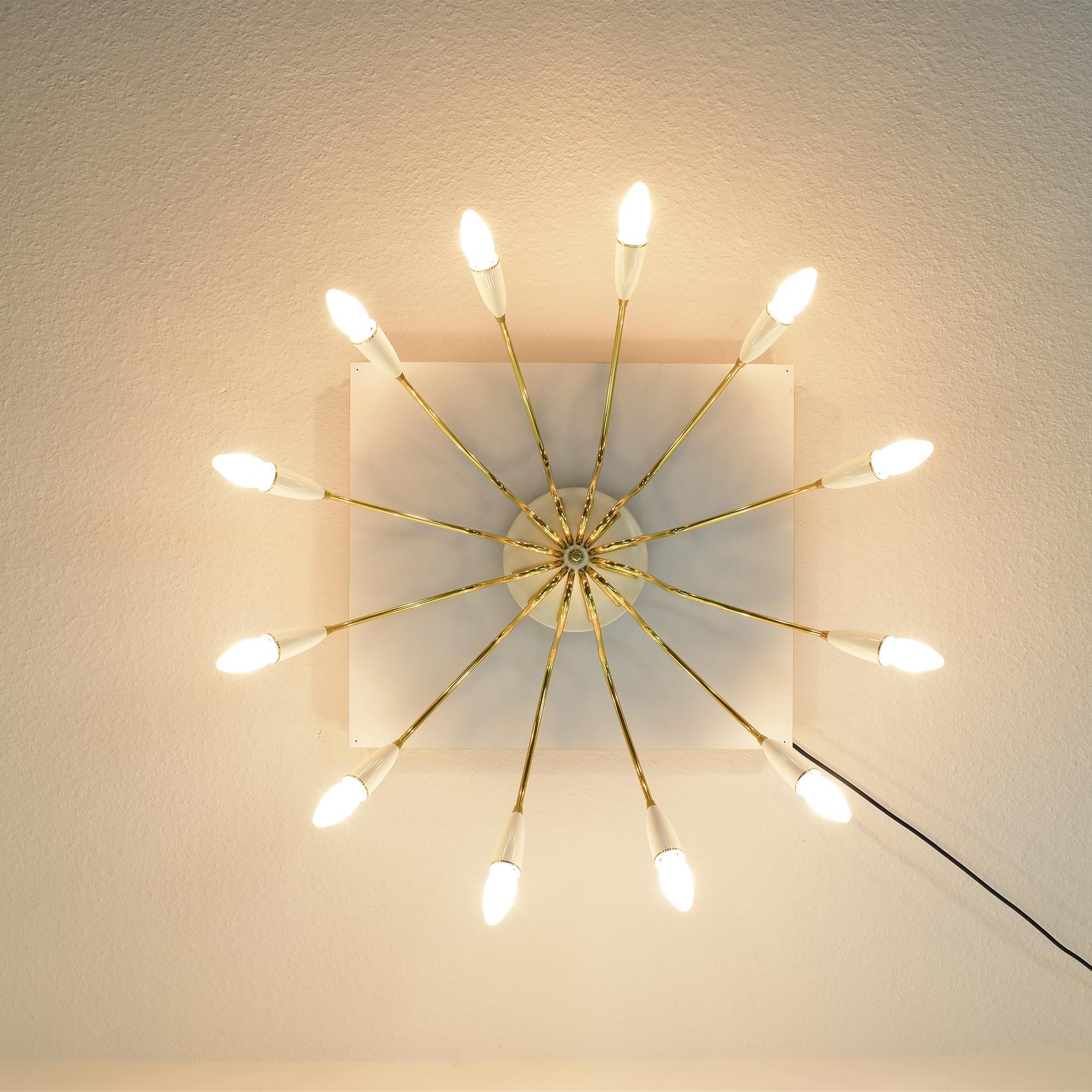 Questa splendida plafoniera da incasso in ottone a 12 bracci incarna l'eleganza del Design/One e della Hollywood Regency, con un motivo a raggiera con bracci curvi che si irradiano da un fulcro centrale. La finitura in ottone lucido e gli eleganti