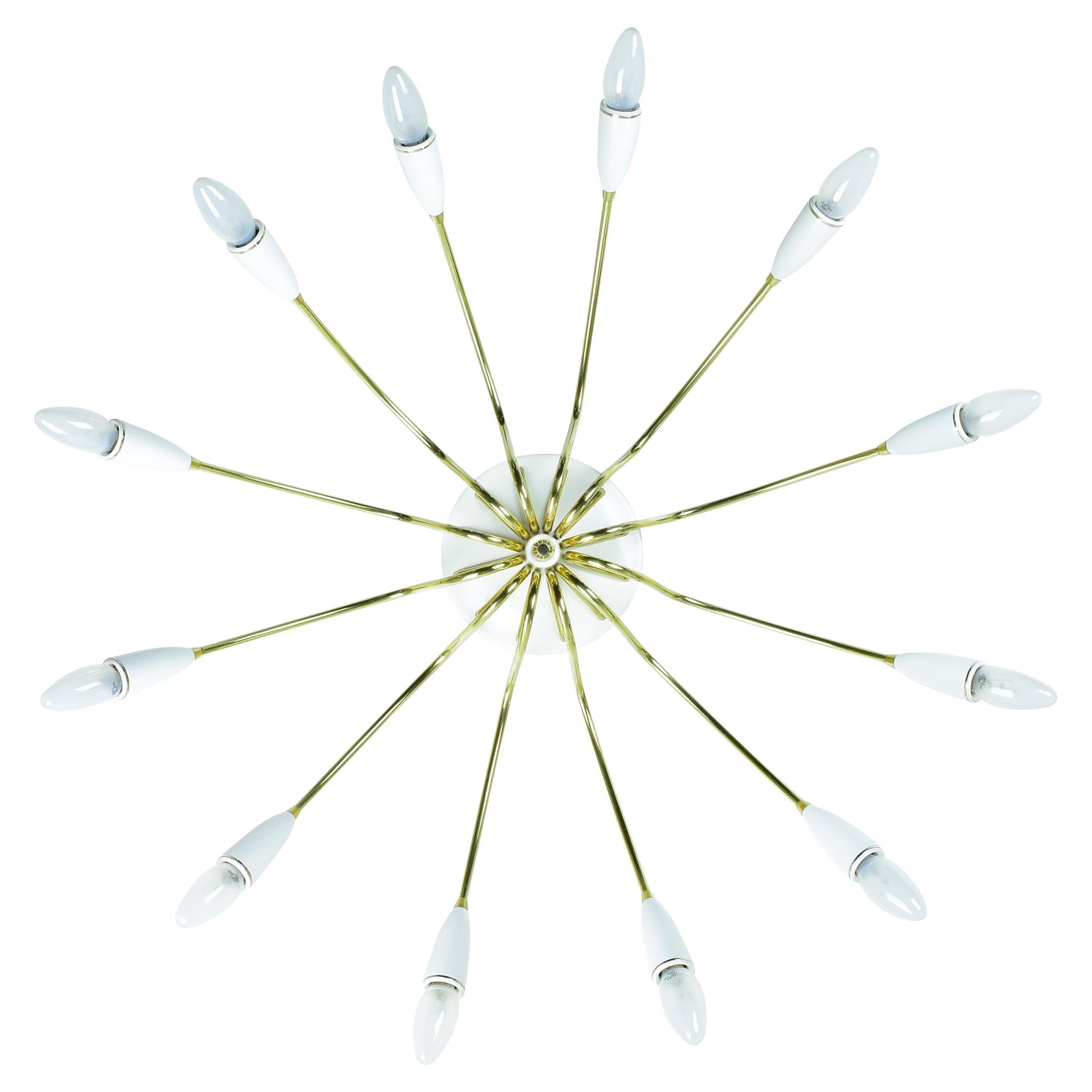 Vintage 12-Arm Brass Flush Mount Ceiling Light Fixture, Mid-Century Modern Italy