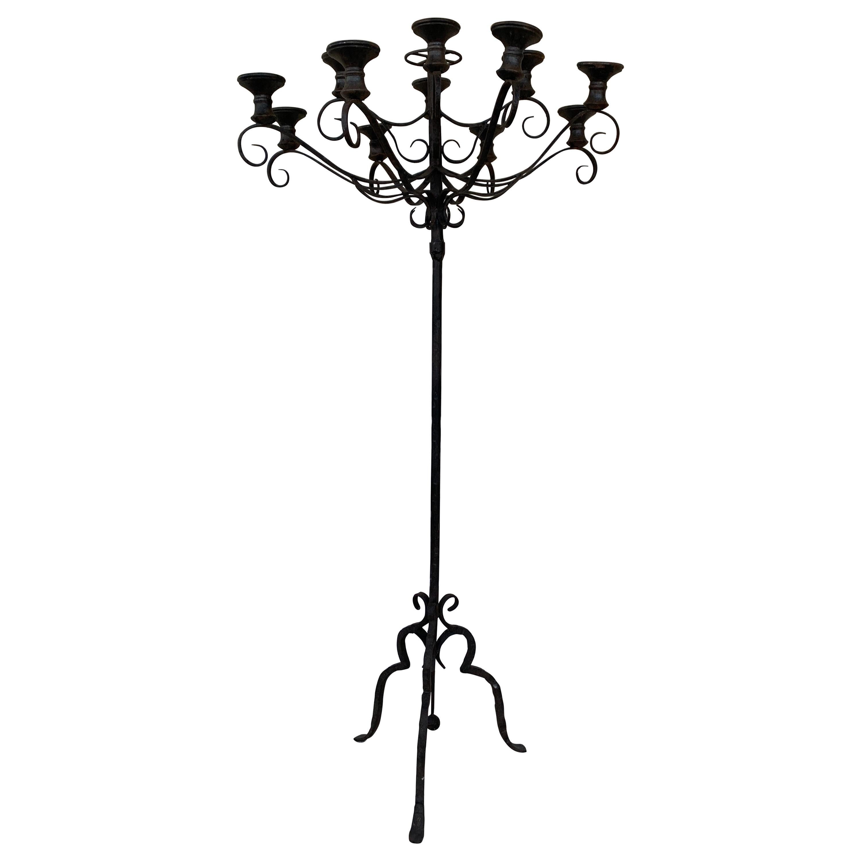 Metal Candle Holder Rustic Hand-Forged Wrought Iron 2 Arm Candelabra 1960s Swedish Christmas