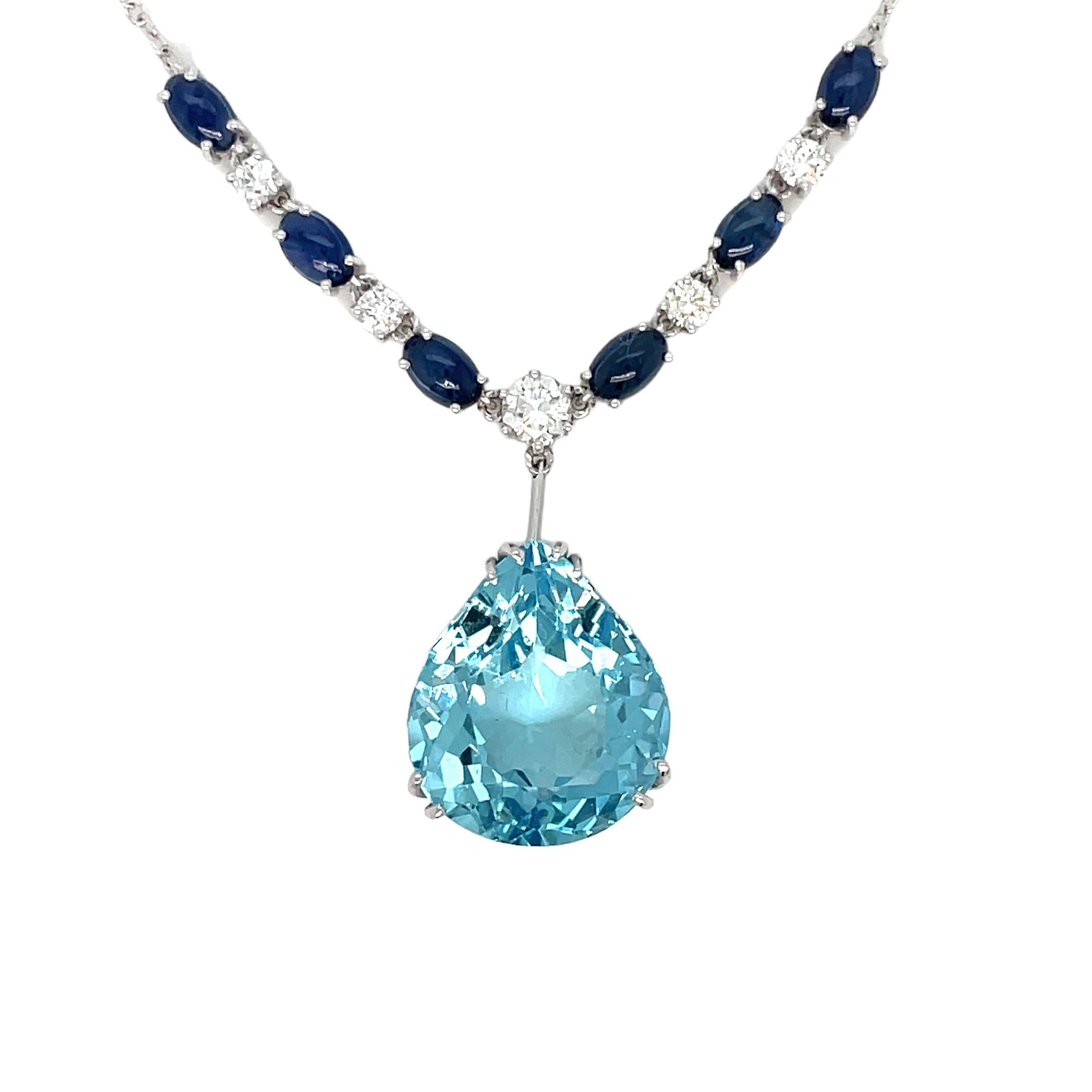 Retro Vintage 12 Carat Aquamarine Diamond Sapphire Pendant Necklace For Sale