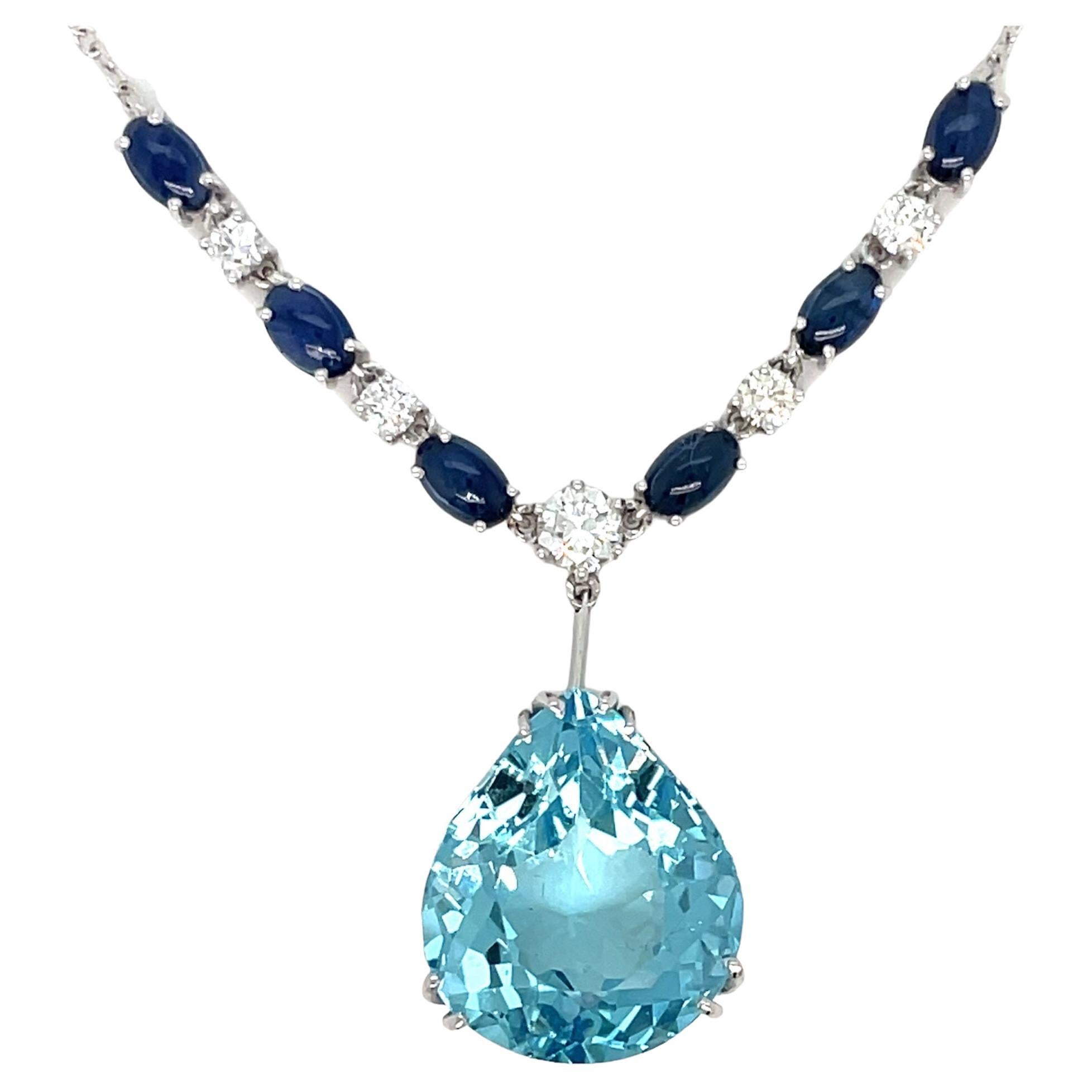 Vintage 12 Carat Aquamarine Diamond Sapphire Pendant Necklace For Sale