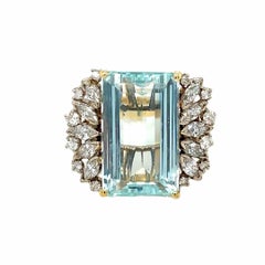 Vintage 12 Carat Blue Aquamarine and Diamond Cocktail Ring 14k Yellow Gold