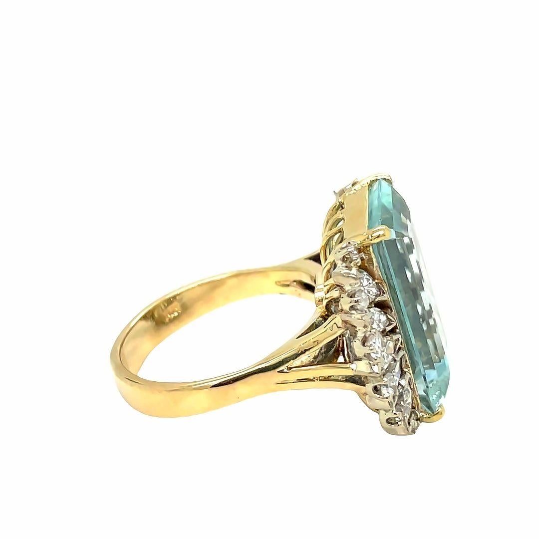 Emerald Cut Vintage 12 Carat Blue Aquamarine and Diamond Cocktail Ring 14k Yellow Gold For Sale