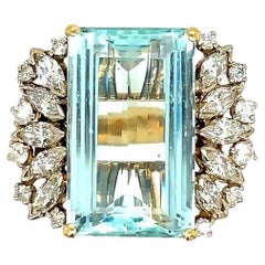 Vintage 12 Carat Blue Aquamarine and Diamond Cocktail Ring 14k Yellow Gold