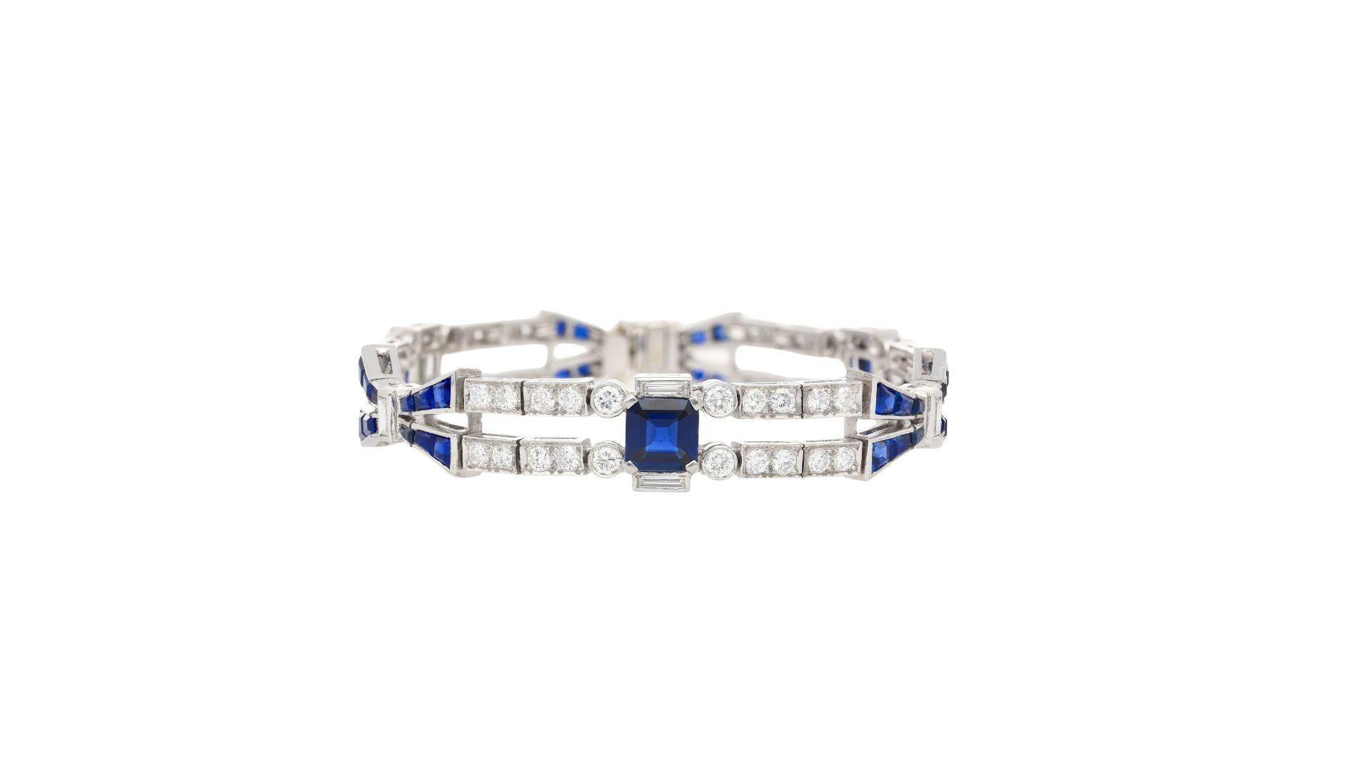 Emerald Cut Vintage 12 Carat Blue Sapphire and Diamond Art Deco Open Bracelet in Platinum For Sale